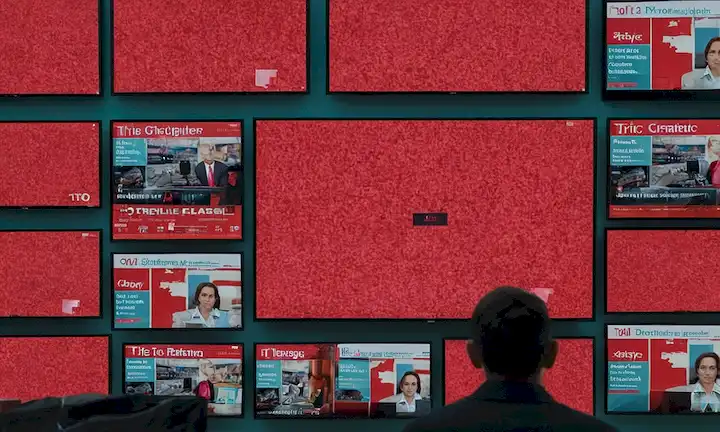 una persona rodeada de varias plataformas de medios como pantallas de televisión, periódicos y teléfonos inteligentes, con alguna información manipulada o engañosa que muestra; una lupa de vidrio de aumento sobre una de estas pantallas para destacar posibles banderas r
<center><img decoding=