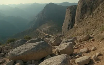 Paisaje al lado de la montaña con profunda grieta corriendo a través de ella