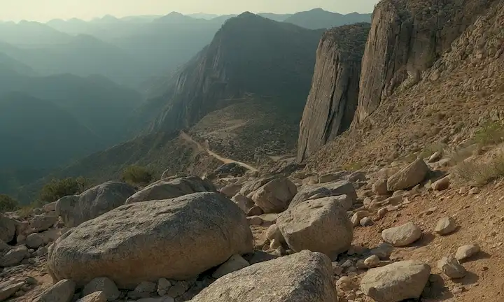 Paisaje al lado de la montaña con profunda grieta corriendo a través de ella