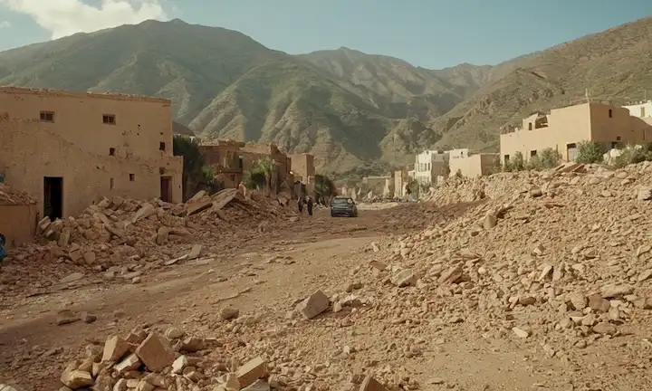 Paisaje 3D con montañas, Región Atlas, Marruecos, sacudiendo edificios, cayendo escombros, gente corriendo por cubierta, equipos de rescate llegando, fisuras de terremotos, caminos fragmentados, infraestructura destruida, símbolos de actividad sísmica
