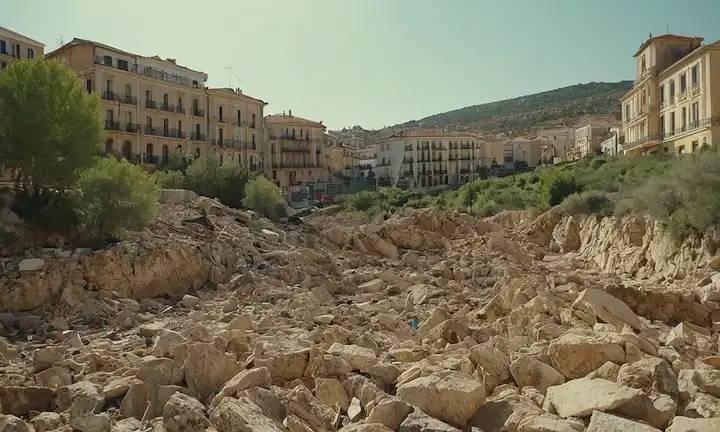Un mapa geológico de España con temblores y líneas de falla, una superficie de tierra agrietada, una intensa actividad sísmica, una ola masiva de terremotos, edificios desmoronados, gente huyendo, un paisaje urbano en el caos, un paisaje dramático con rocas y escombros
