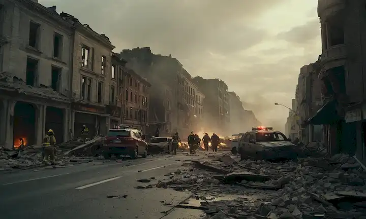 edificios desmoronados en una calle de la ciudad, gente huyendo de las estructuras desmoronamiento, coches desmoronados y destruidos, caos y destrucción en todas partes, cielo oscuro con intensa luz solar, polvo y escombros llenando el aire, bomberos corriendo para rescatar individuos atrapados