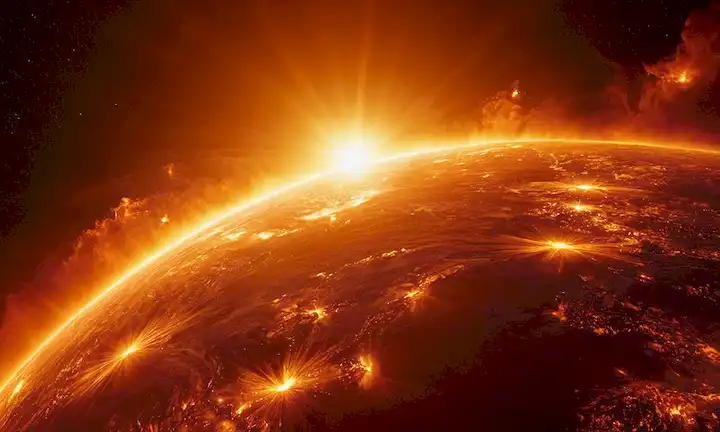 Un sol brillante y brillante con llamas intensas y chispas que la rodean, una vibrante paleta de color naranja y amarillo, nubes agitadas de partículas cargadas, un campo energético dinámico que conecta el sol a la Tierra, un sutil toque de actividad lunar en el fondo, un contraste dramático entre la luz y la oscuridad