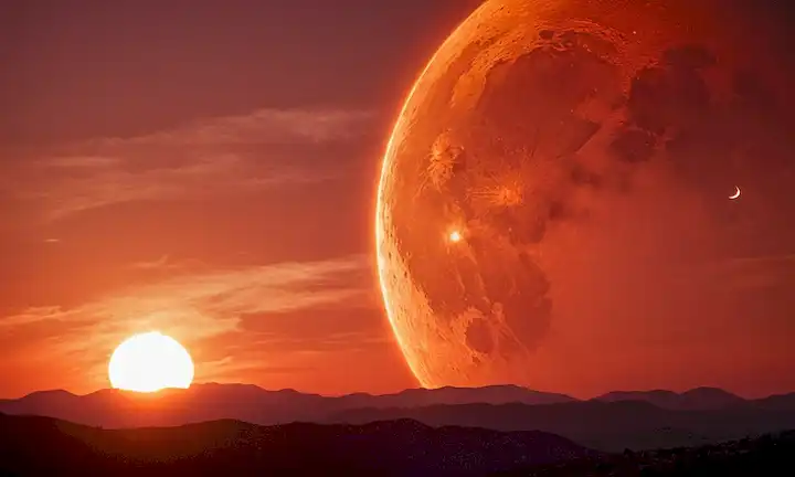 Un vibrante cielo de atardecer rojo anaranjado con bengalas solares que brotan de la superficie de los soles, una brillante luna de crescente que se mueve en la esquina superior derecha, y nubes espeluznantes se extienden a través del fondo con patrones giratorios de líneas de campo magnético
