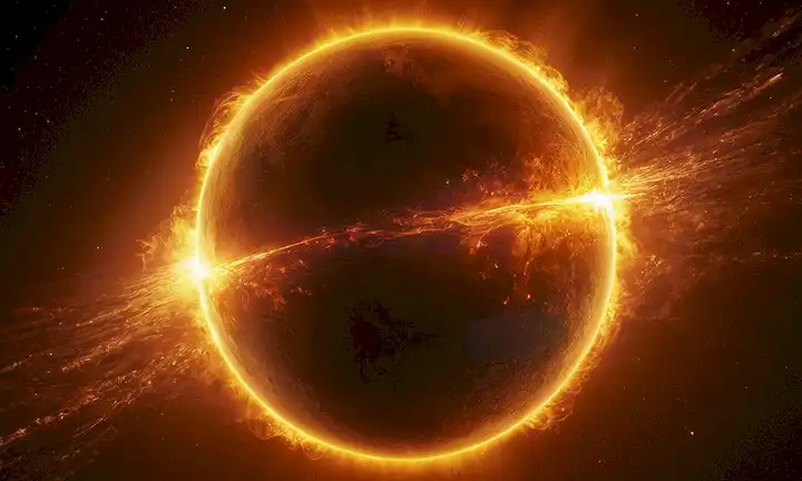 globo 3D, sol en el fondo, dos brillantes rayos de energía de color amarillo, chispas y rayos que emanan de ellos, Tierras líneas de campo magnético visibles, wisps sutiles de colores similares a la aurora, oscuridad espacial