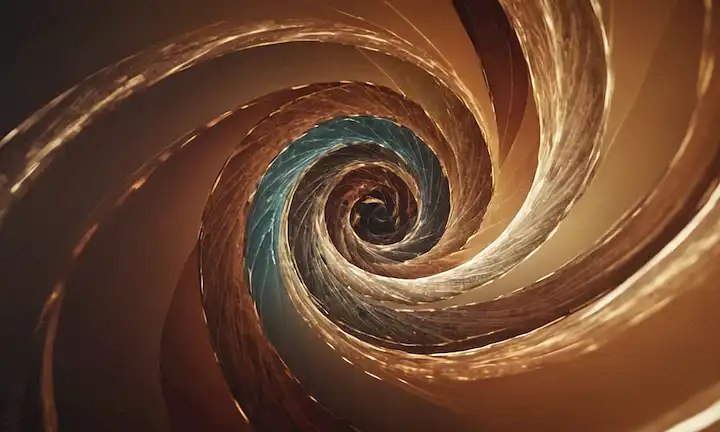formas geométricas 3D, patrones de vórtice giratorios, nodos interconectados, líneas radiantes, afeitadas sutiles, colores mudos, formas abstractas, detalles intrincados, límites borrosos