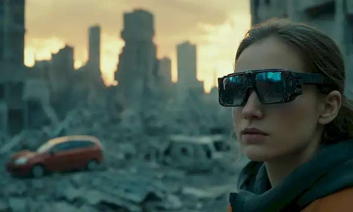Gafas 3D usadas por una persona, pantallas de televisión con imágenes distorsionadas, patrones de código fragmentados, píxeles glitchy, un paisaje urbano en ruinas, maquinaria rota, chispas volando alrededor