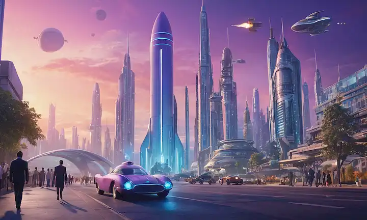 Paisaje urbano futurista de 1950 con rascacielos elegantes, coches voladores y robots, astronautas caminando junto a los humanos, un barco de cohetes en el fondo, un sutil gradiente de azul a púrpura en el cielo