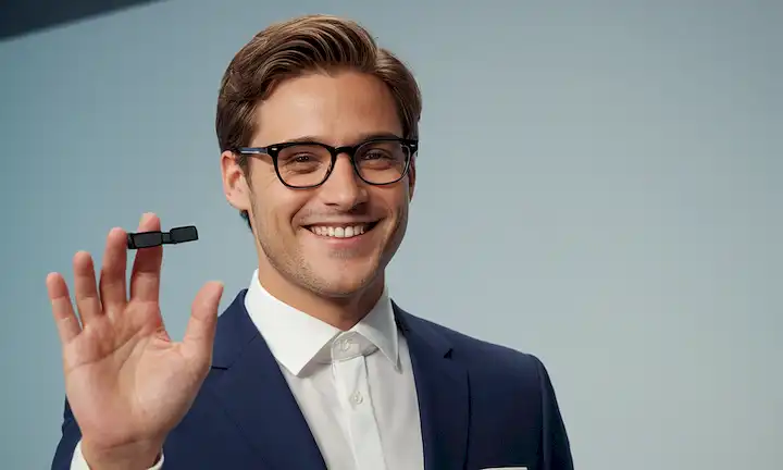 Una foto de una persona de pie, sonriendo con confianza, usando atuendo formal, contra un fondo profesional, con un toque sutil de lujo, y un par de gafas en su cara, posiblemente sosteniendo algo en su mano, transmitiendo autoridad, inteligencia y sofisticación