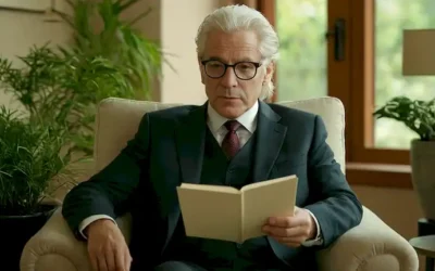 Científico de 75 años con pelo blanco y vasos