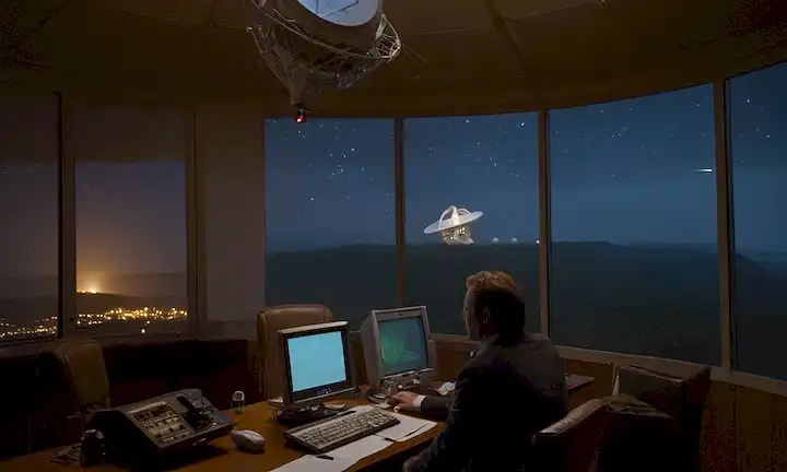 observatorio astronomía de estilo 1970, iluminado con un prominente radiotelescopio, estrellas que se mezclan en el fondo, un toque de sistema planetario que produce en una pizarra blanca, el astrólogo Frank Drake en pensamiento, rodeado de terminales de ordenadores e impresiones de datos, niebla atmosférica o haze