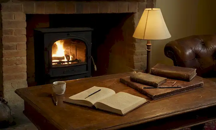 Campo inglés del siglo XIX, estudio de matemáticos, libros antiguos y papeles esparcidos, sillón de cuero, chimenea caliente, escritorio de madera con plumas y lápices, guantes desgastados, tubería en el borde, iluminación cómoda, sonrisa sutil, expresión reflexiva, postura digna