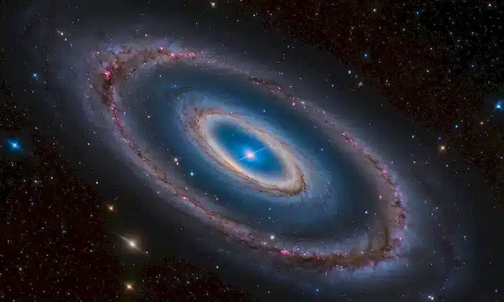 Una galaxia con un vórtice giratorio, nebulosas oscuras y estrellas distantes, iluminada por una explosión de luz azul, con velos de gas interestelar enrollados en torno a la formación de cúmulos estrella, contra un fondo espacial profundo