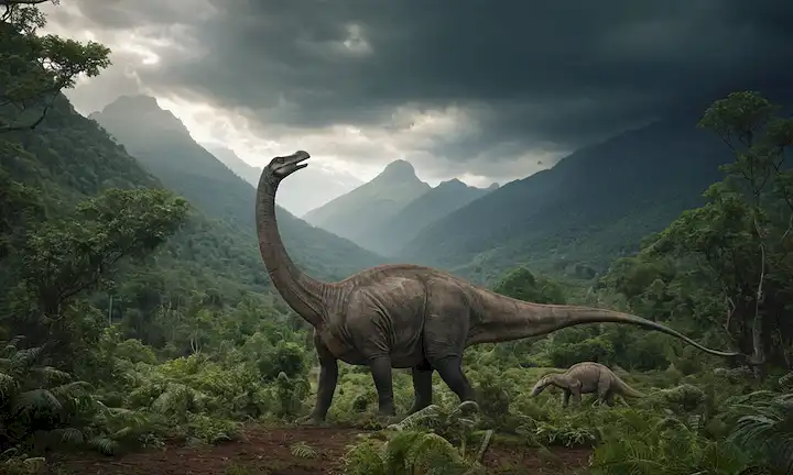 Un enorme sauropod de larga distancia, un frondoso bosque con árboles antiguos, rayos del sol filtrando a través de hojas, cordilleras distantes, un cielo dramático con nubes oscurantes, un ambiente extraño, fósiles esparcidos en el suelo, un sentido del descubrimiento