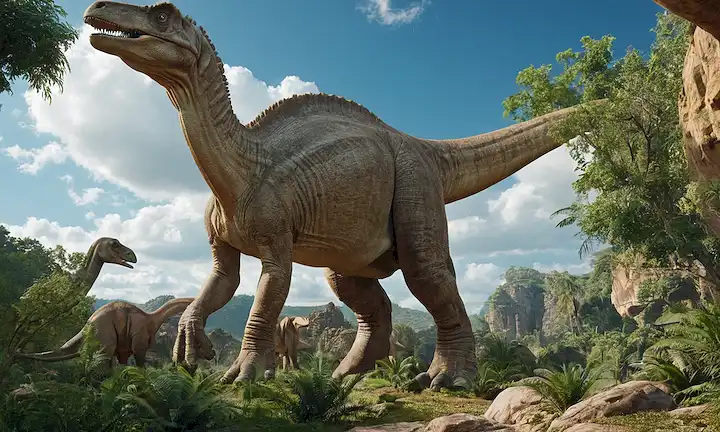 Paisaje de bosque cretáceo tardío con árboles, afloramientos rocosos y un dinosaurio sauropod gigante, Garumbatitan, en el centro, su cuello largo doblando hacia abajo, cola que se extiende detrás, rodeado de dinosaurios y plantas más pequeñas, bajo un cielo azul pálido con nubes