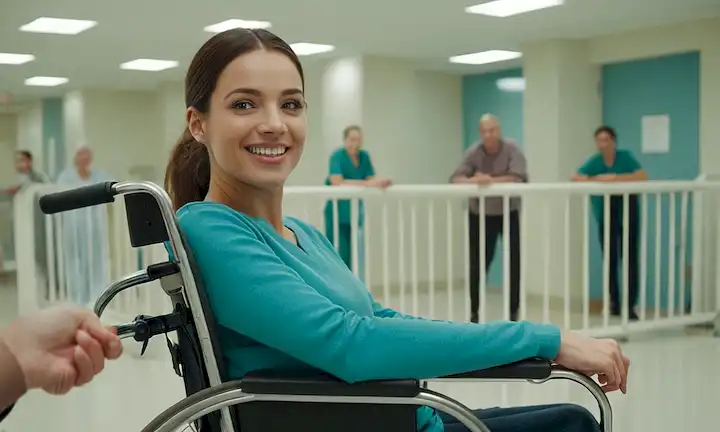 Las manos agarran raíles, sonríen en la cara, silla de ruedas en el fondo, entorno hospitalario, esperanza y alegría en los ojos, profesionales médicos viendo, tecnología digital rodeando, sistema nervioso visible