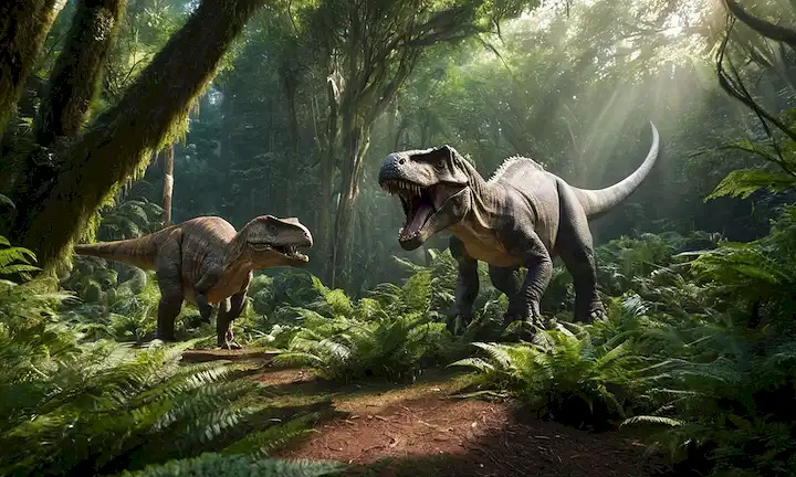 Un enorme carnívoro con piel escamosa, dientes afilados y garras, situado en medio de un exuberante bosque prehistórico, rodeado de árboles torrentes, helechos y plantas antiguas, con la luz solar filtrando por el cañón de arriba, transmitiendo una sensación de poder y dominio, posiblemente interactuando con un grupo de dinosaurios más pequeños