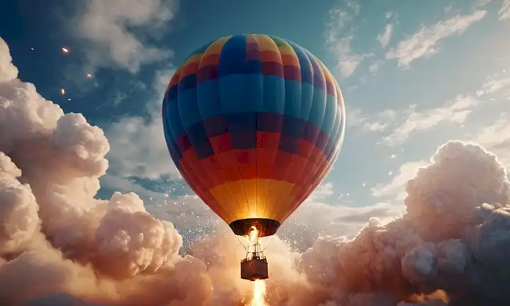 ilustración 3D de un globo de explosión, con ondas de choque ondulando a través de moléculas de aire, rodeado de nubes de gas giratorias, iluminación dinámica destacando presión explosiva y efectos de temperatura