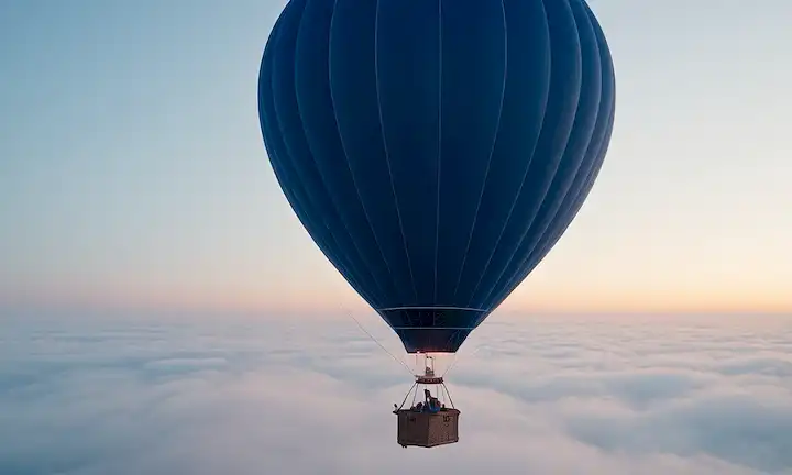 Globo 3D en el aire medio, inflado con aire azul oscuro, rodeado de hilos de niebla blanca brillante, ligero borrón en los bordes, y un toque de luz suave y caliente de una fuente invisible