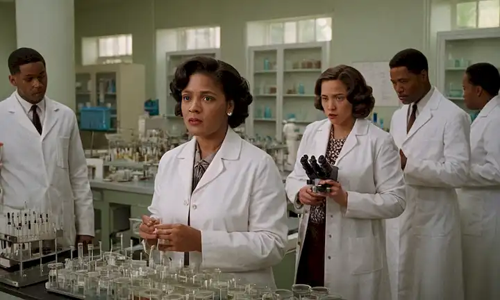 Laboratorio de estilo 1950, científicos en abrigos blancos, miembros de la familia Henrietta Lacks que se ven preocupados, muestras de células en platos petri, microscopios, jeringas y tubos de ensayo diseminados alrededor