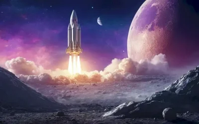 ilustración 3D de un paisaje lunar con un cohete esbelto y futurista descendiendo sobre la superficie de las lunas