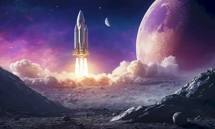 ilustración 3D de un paisaje lunar con un cohete esbelto y futurista descendiendo sobre la superficie de las lunas