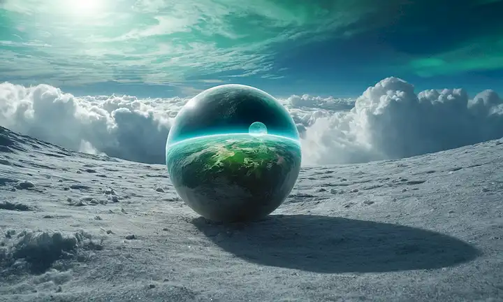 Una superficie lunar futurista con una esfera de plata brillante que sobresale, rodeada de nubes azul-verde girando, con veloces tendriles de luz que irradian de ella