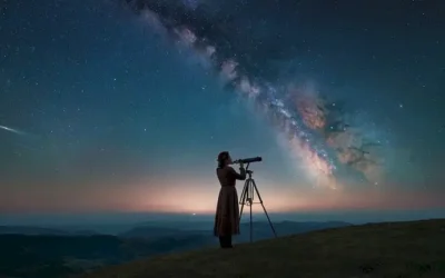 Mujer del siglo XIX de pie en una colina con vistas a las estrellas