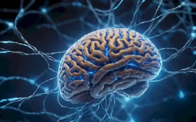 Ilustración 3D de un cerebro futurista con neuronas azules brillantes