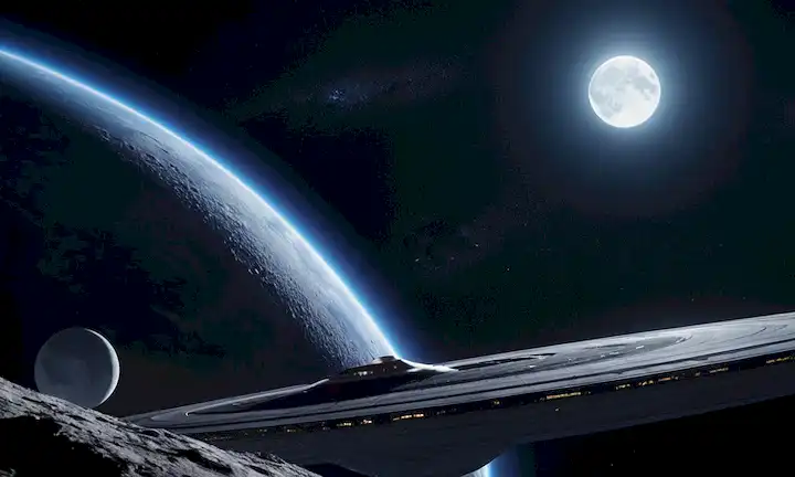 3D rendering of Starship spaceship soaring through dark blue space, with Earths curvature in the background, lunar surface visible in the distance, and a bright full moon illuminating the scene, with dark stars scattered throughout