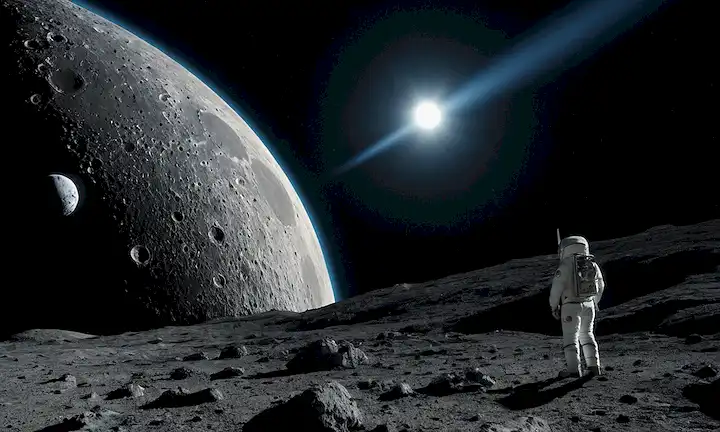 3D rendering of Starship spacecraft, lunar surface in background, rocket plume visible, craters and rocks scattered around, astronaut standing on moons surface looking up at Starship descending, bright blue Earth in distance, blackness of space surrounding the scene