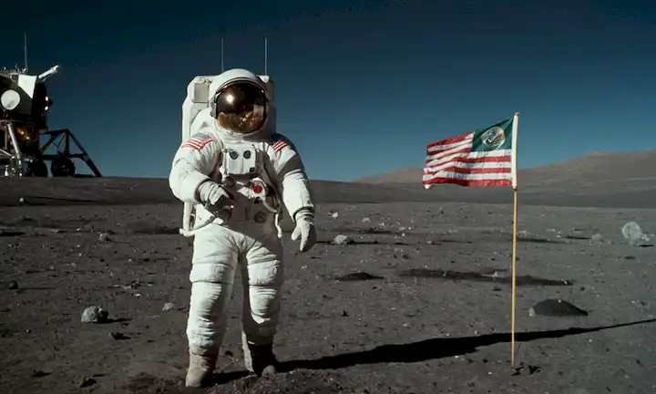 Una nave espacial (Starship), luna, superficie, bandera, astronauta(s) caminando/a pie, sonriendo, onda, traje espacial, casco, guantes, botas, brazo robótico, módulo lunar, bandera americana/mexican/español(s), himno nacional, animación de la multitud, explosión de emoción, caída de confeti, momento histórico, hito logrado