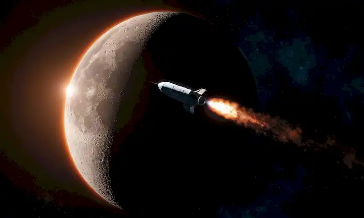 nave espacial que se eleva a través de la órbita lunar, la atmósfera azul de las Tierras a la distancia, estrellas que se mezclan en fondo negro, luna crescente brillando con luz suave, motores de naves espaciales brillando rojo naranja brillante, nubes de gases de escape que recorren detrás