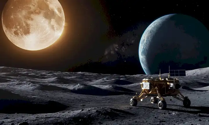 Spacecraft approaching Superficie de las lunas, Tierra visible en la distancia, estrellas brillantes, paisaje lunar iluminado por la suave luz del sol, naves estelares diseño elegante, paneles solares desplegados, motores quemando, nubes de rastro de vapor detrás, inmensidad del espacio, belleza majestuosa