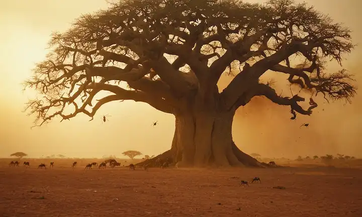 Salvaje escena de sabana con hormigas en la formación de batalla, leopardos huyendo en el terror, tormenta de polvo girando alrededor, y icónico árbol de baobab temblando grande, con hormigas en ramas y tronco, los colores de puesta del sol desvaneciendo a la oscuridad en el fondo