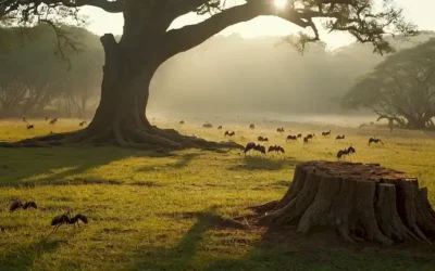 Hormigas salvajes atravesando sabanas pastosas