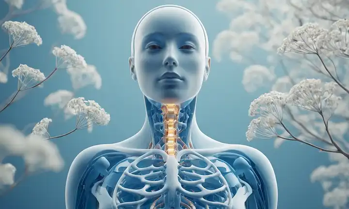 ilustración 3D de un cuerpo humano con un sistema hormonal equilibrado, efectos sutiles de luz y sombra, paleta de color calmante de azules y blancos, elementos de fondo naturales como flores o hojas