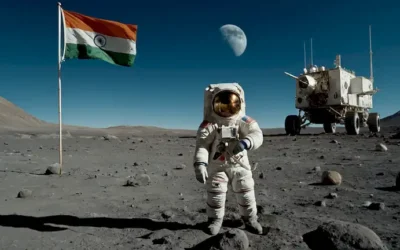 Una nave espacial aterrizando en una superficie lunar con una bandera de tricolor india ondeando alto