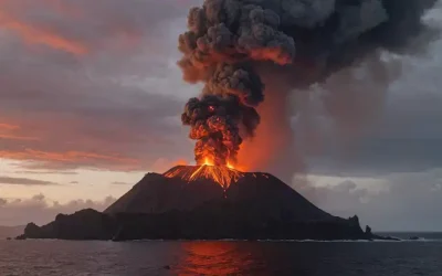 Nubes de humo que se elevan de una isla volcánica escarpada