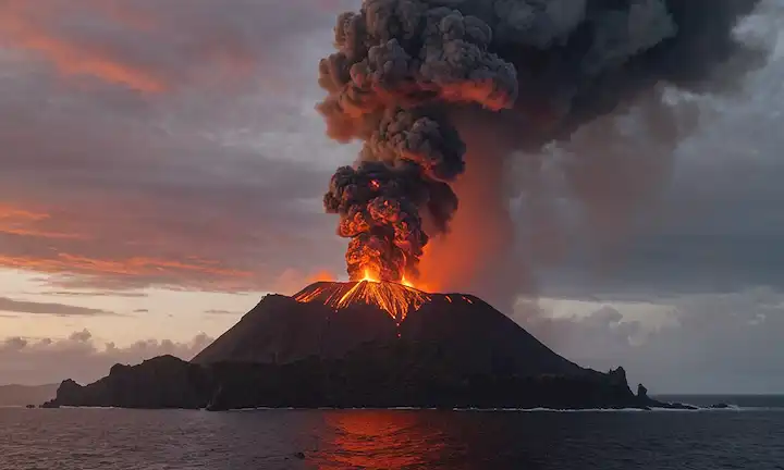 Nubes de humo que se elevan de una isla volcánica escarpada