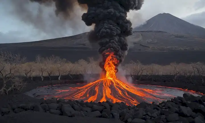 Una dramática escena de erupción volcánica con la nube de ceniza en aumento, lava fundida, rocas negras y dispersión de suelo, llamas envolviendo árboles, y un paisaje desolado y estéril en tonos grises, marrones y naranjas