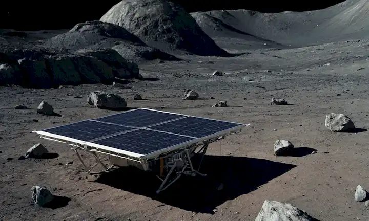 Una superficie lunar con una nave espacial japonesa paneles solares ligeramente doblados y retorcidos, rodeados de escombros rocosos, con algunos paneles desprendidos y diseminados alrededor del sitio de aterrizaje, contra una Tierra azul brillante en el fondo, con cráteres y sombras agregando textura a la escena
