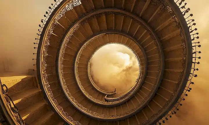 fractales 3D, patrones giratorios, escaleras infinitas, formas geométricas, colores kaleidoscopio, orbes brillantes, arquitectura surrealista, curvas matemáticas, paisajes de ensueño, niebla mística