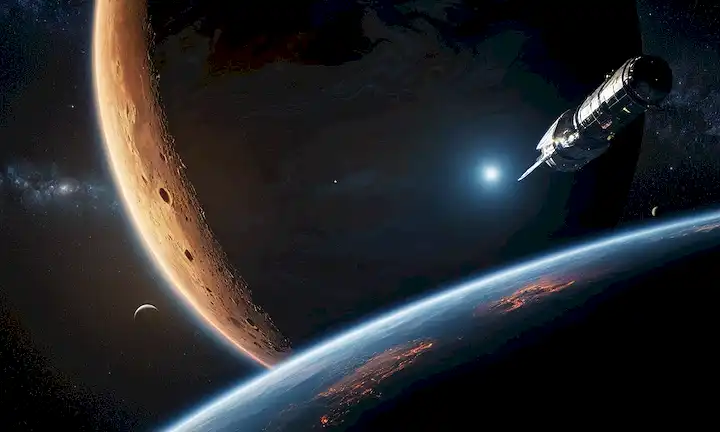 Un planeta Júpiter en el fondo con una nave espacial orbitándola, el astronauta John Grunsfeld flotando cerca, un cometa o asteroide hirviendo hacia la Tierra en la distancia, con estrellas y galaxias visibles en el cielo nocturno oscuro