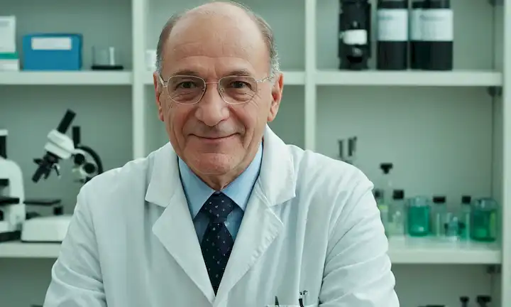 65 años Josep Casadesús de pie con una suave sonrisa, rodeado de microscopios, platos petri y diversos equipos científicos, usando un abrigo de laboratorio blanco con unos botones deshacerse, una mano sostiene un tobogán de cristal y la otra descansando en un mango de microscopio, frente a un fondo borroso de estanterías de laboratorio y archivos