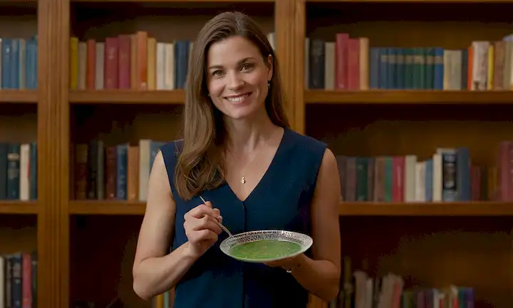 Un profesor con una cálida sonrisa, sosteniendo un plato de petri con coloridos microorganismos, de pie delante de una estantería llena de textos de filosofía clásicos, rodeado de iluminación sutil y un paisaje urbano borroso al amanecer