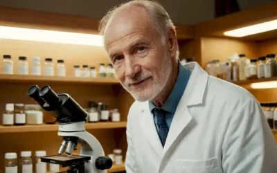 Hombre de 70 años en un abrigo de laboratorio blanco
