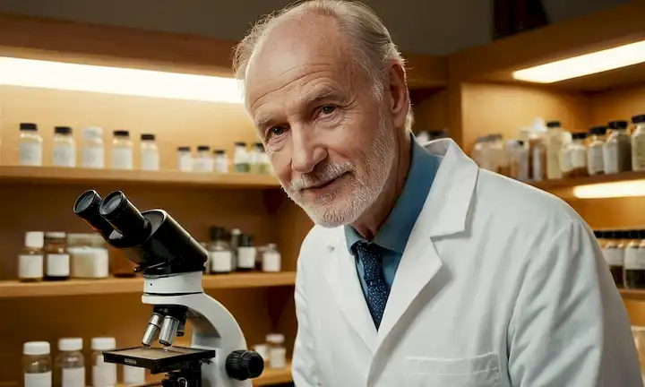 Hombre de 70 años en un abrigo de laboratorio blanco