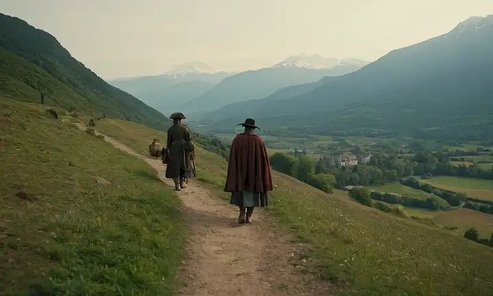 Paisaje europeo del siglo XVII con una cordillera lejana