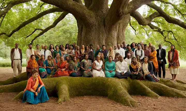 Un grupo diverso de personas de diferentes etnias, edades y habilidades reunidas alrededor de un gran árbol con ramas formadas como los cálices de ADN, simbolizando la interconexión; una luz cálida que emana del tronco del árbol representa conocimiento colectivo; patrones intrincados en la ropa y accesorios de los individuos transmiten el patrimonio cultural